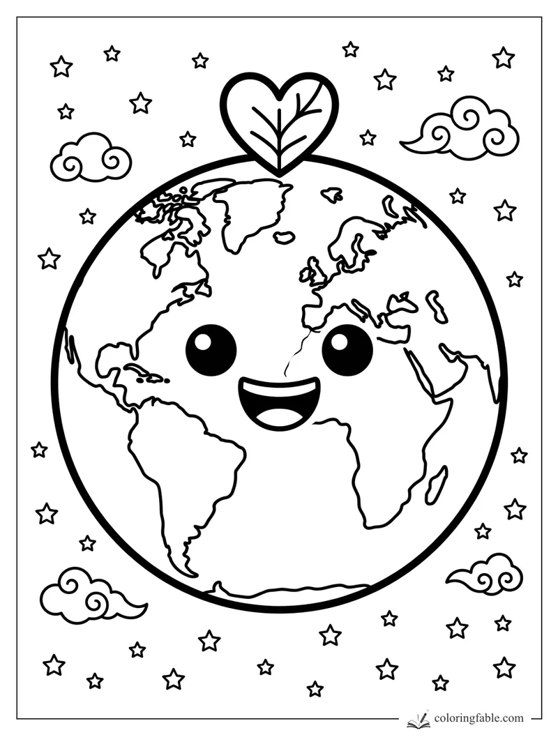 Kawaii Earth with smiling face, heart-shaped sprout, stars, and swirl clouds coloring page