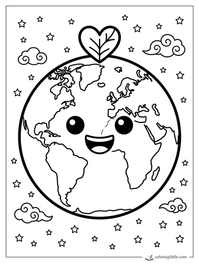 Kawaii Earth with smiling face, heart-shaped sprout, stars, and swirl clouds coloring page