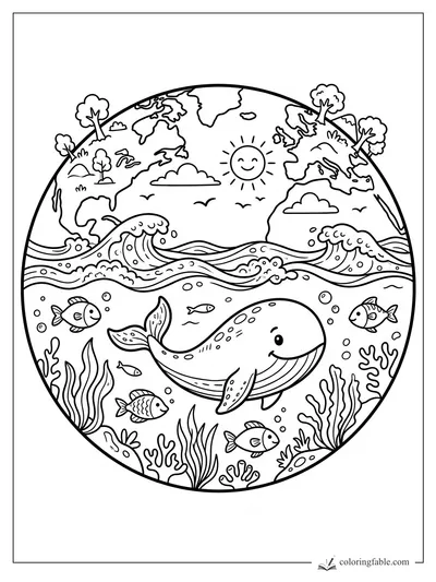 Cartoon Earth coloring page with waves, fish, coral, trees, clouds, sun, and a smiling whale underwater