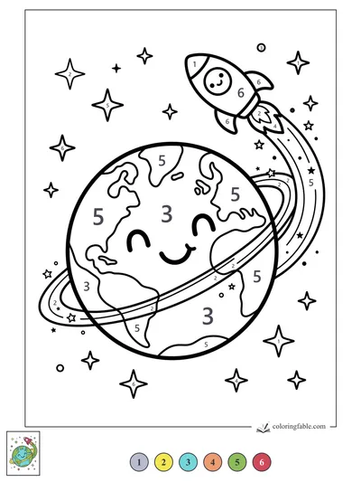 Smiling Earth With Rings and a Happy Rocket — color by number