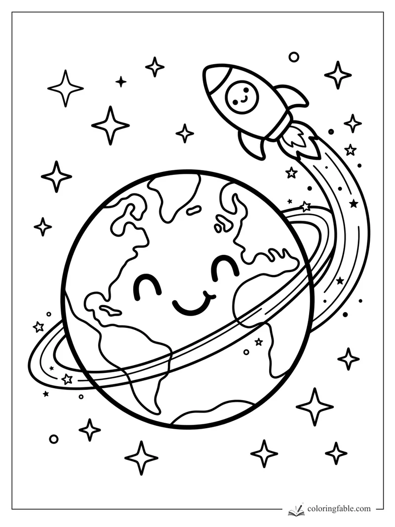 Kawaii smiling Earth with rings, a cute rocket, flame trail, stars, and small space dots.