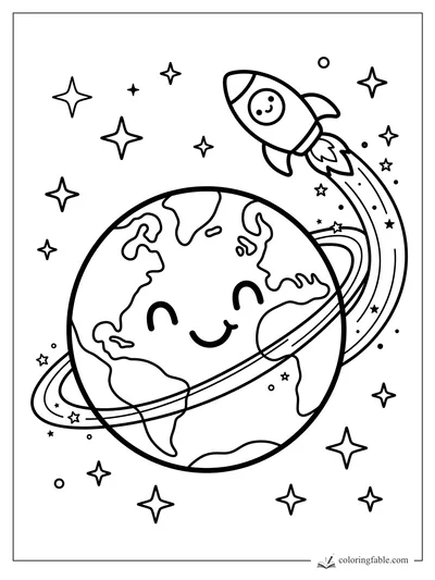 Kawaii smiling Earth with rings, a cute rocket, flame trail, stars, and small space dots.