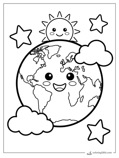 Cute smiling Earth coloring page with sun, clouds, stars, and outlined continents.