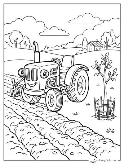 Smiling Eco Farm tractor in plowed rows beside a staked sapling, hills, trees, clouds, and a small farmhouse