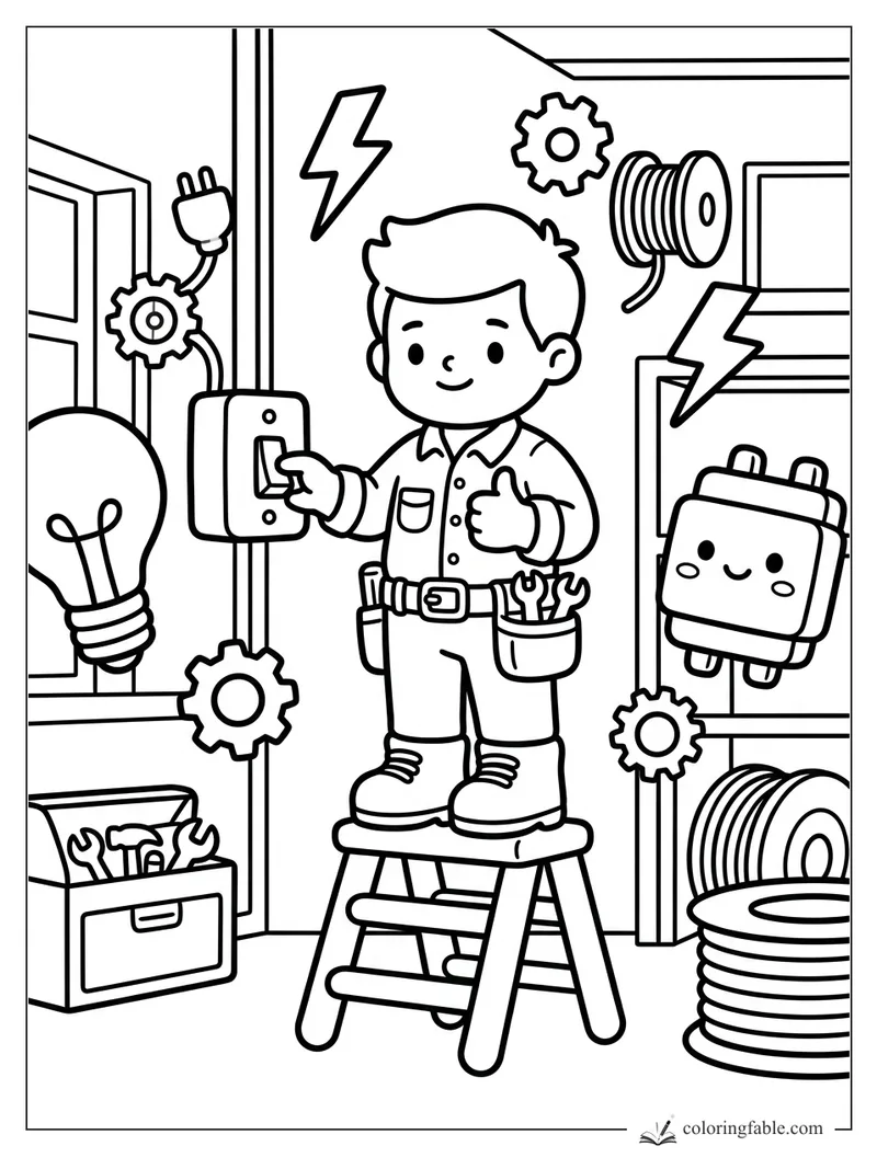 Young electrician on a step stool flips a wall switch in a workshop with gears, cords, bolts, and a smiling plug.