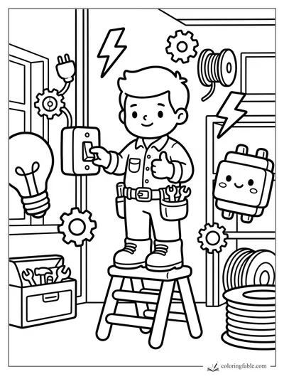 Young electrician on a step stool flips a wall switch in a workshop with gears, cords, bolts, and a smiling plug.