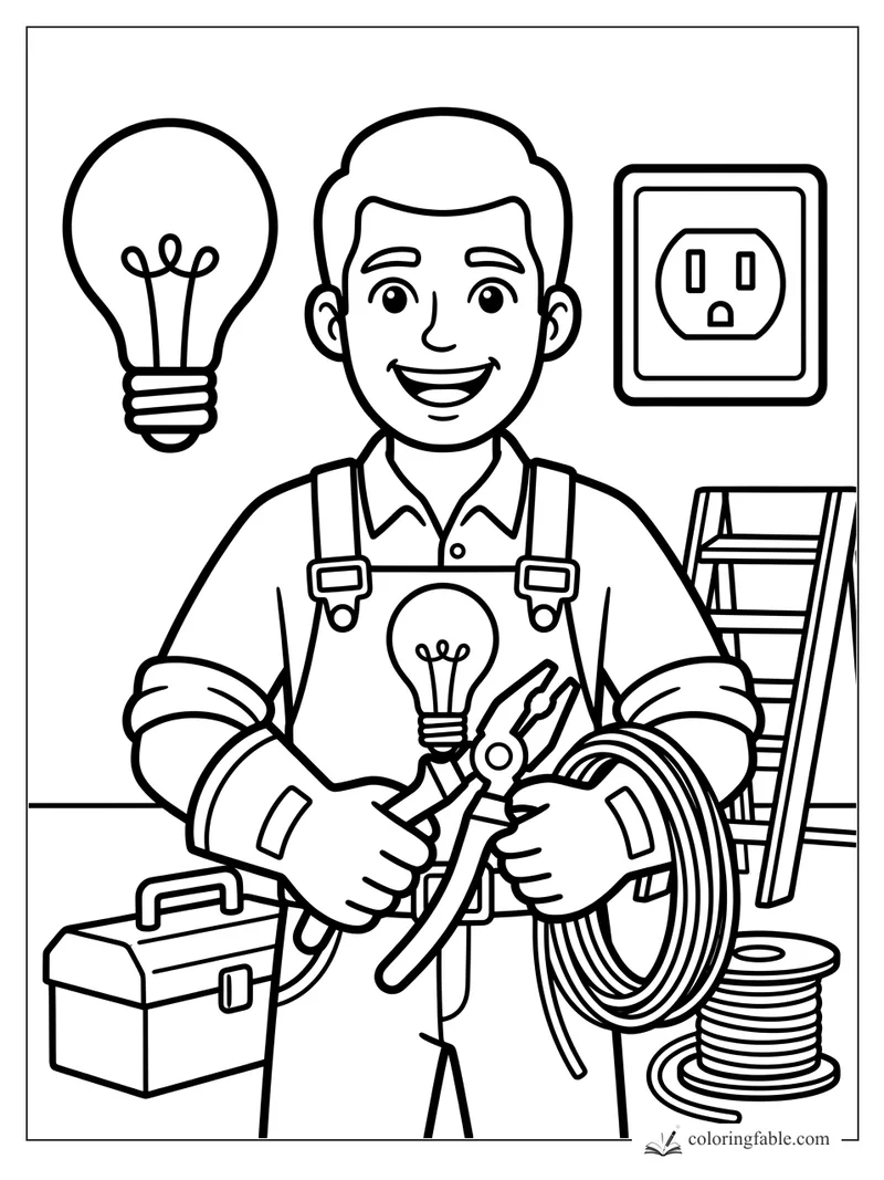 Smiling electrician holding pliers and a light bulb, with outlet, ladder, toolbox, and wire coil.
