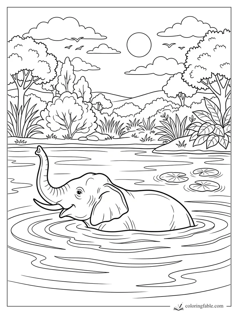 Smiling elephant bathing in a pond with lily pads, ripples, trees, clouds, birds, and sun