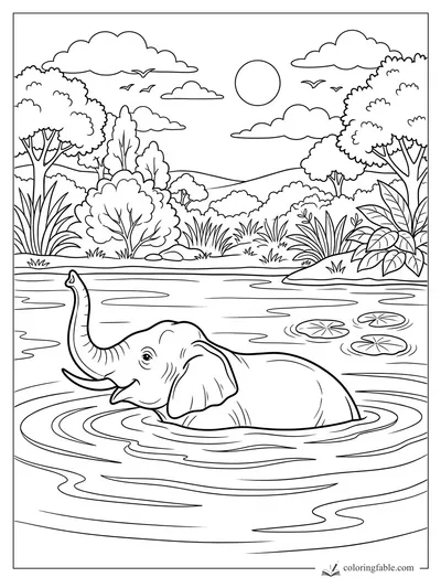 Smiling elephant bathing in a pond with lily pads, ripples, trees, clouds, birds, and sun