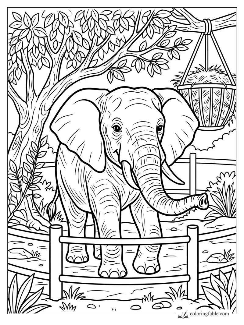 Smiling elephant with raised trunk by a fence, leafy tree, rocks, grasses, and a hanging hay basket.