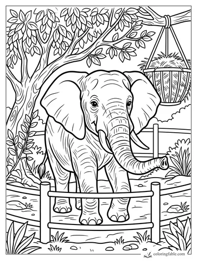 Smiling elephant with raised trunk by a fence, leafy tree, rocks, grasses, and a hanging hay basket.