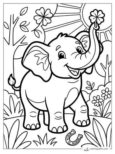 Easy elephant coloring page with a smiling calf holding a clover under sun rays and garden flowers.