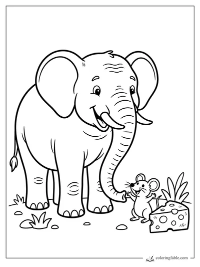 Cartoon elephant smiling at a tiny mouse beside a wedge of Swiss cheese and grass