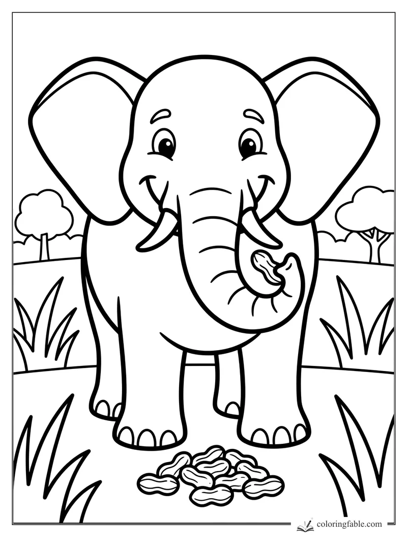 Smiling elephant holding a peanut with more peanuts on the path, trees and grass behind