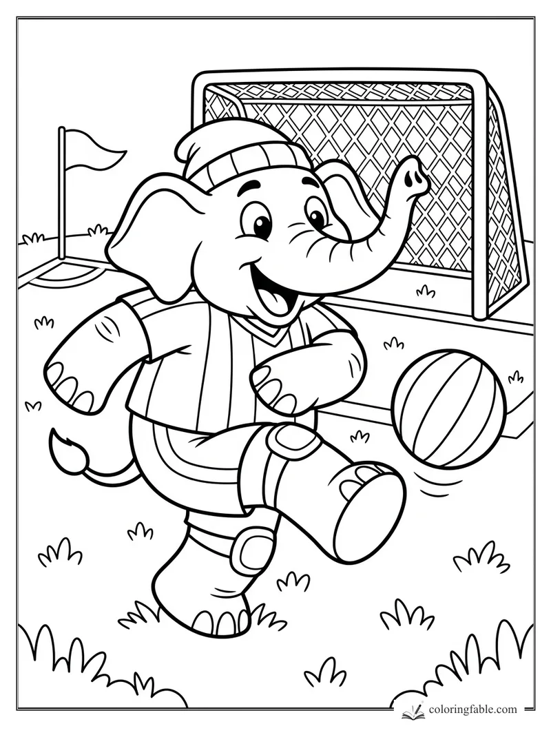 Cartoon elephant in a soccer uniform kicks near a ball, goal net, corner flag, and grass tufts.