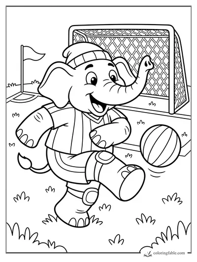 Cartoon elephant in a soccer uniform kicks near a ball, goal net, corner flag, and grass tufts.