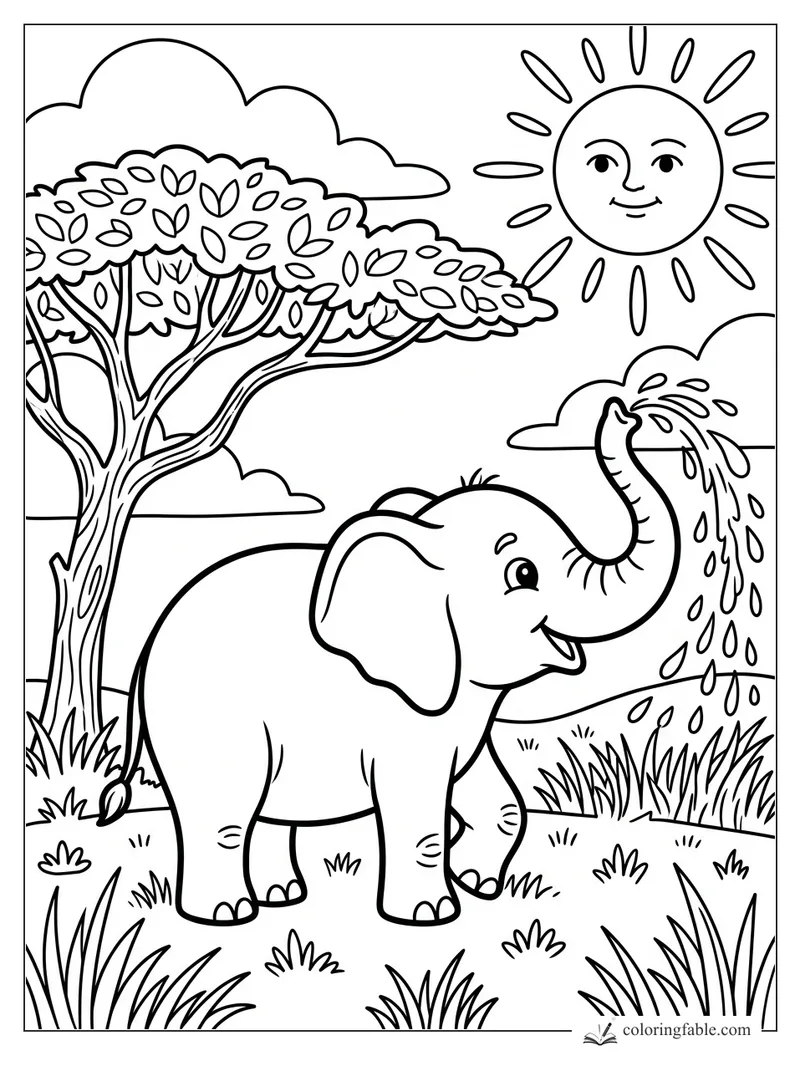 Cartoon elephant spraying water beside a leafy tree, grass, clouds, and a smiling sun.