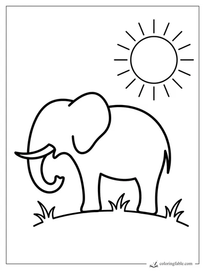 Easy elephant coloring page with curved trunk, small tusk, grass tufts, and bright sun.