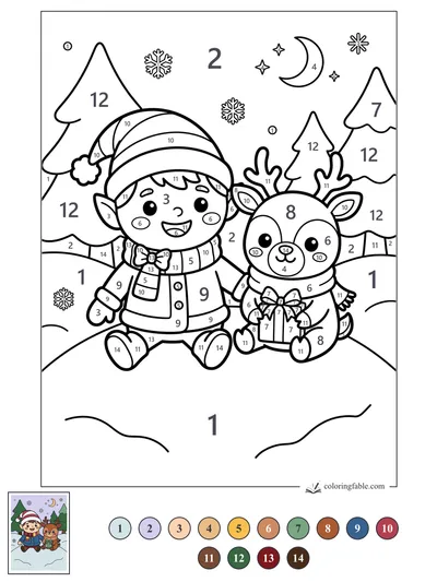 Smiling Elf and Reindeer Under a Crescent Moon — color by number