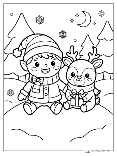 Kawaii elf sitting with a gift-holding reindeer in snowy pines under a crescent moon and stars