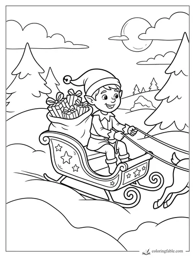 Cartoon elf driving a sleigh of wrapped gifts through snowy pine hills under the moon