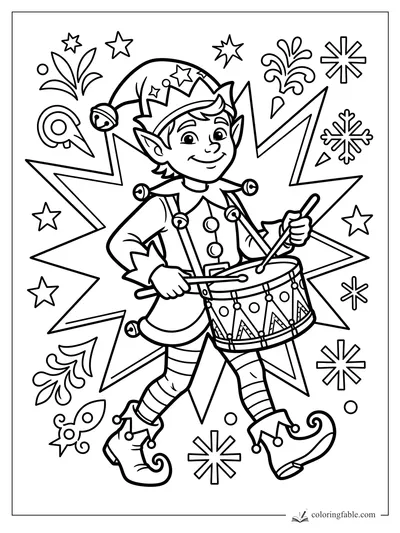 Smiling elf drummer with jingle hat, patterned drum, stars, snowflakes, and bold pop-art bursts
