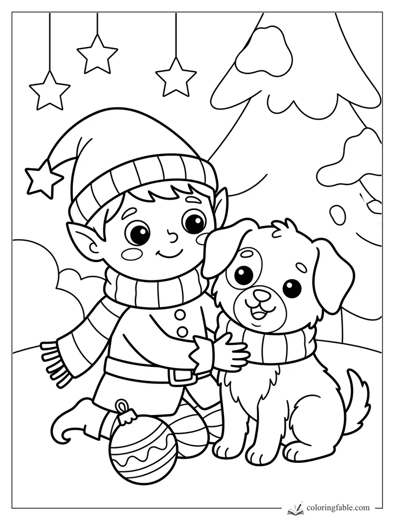 Kawaii elf hugging a puppy by snowy trees, ornaments, and hanging star decorations