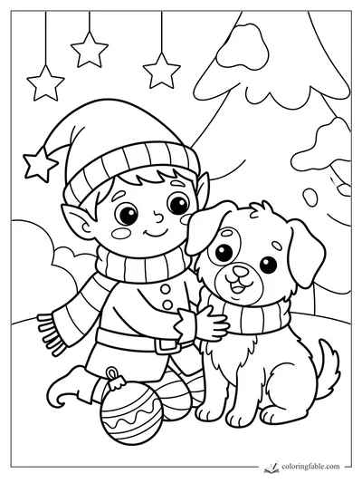 Kawaii elf hugging a puppy by snowy trees, ornaments, and hanging star decorations