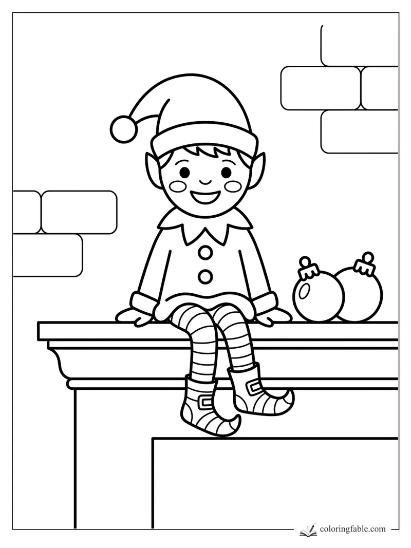 Easy coloring page of a smiling elf sitting on a mantel with striped tights, ornaments, and brick walls.
