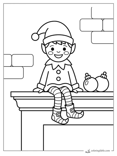 Easy coloring page of a smiling elf sitting on a mantel with striped tights, ornaments, and brick walls.