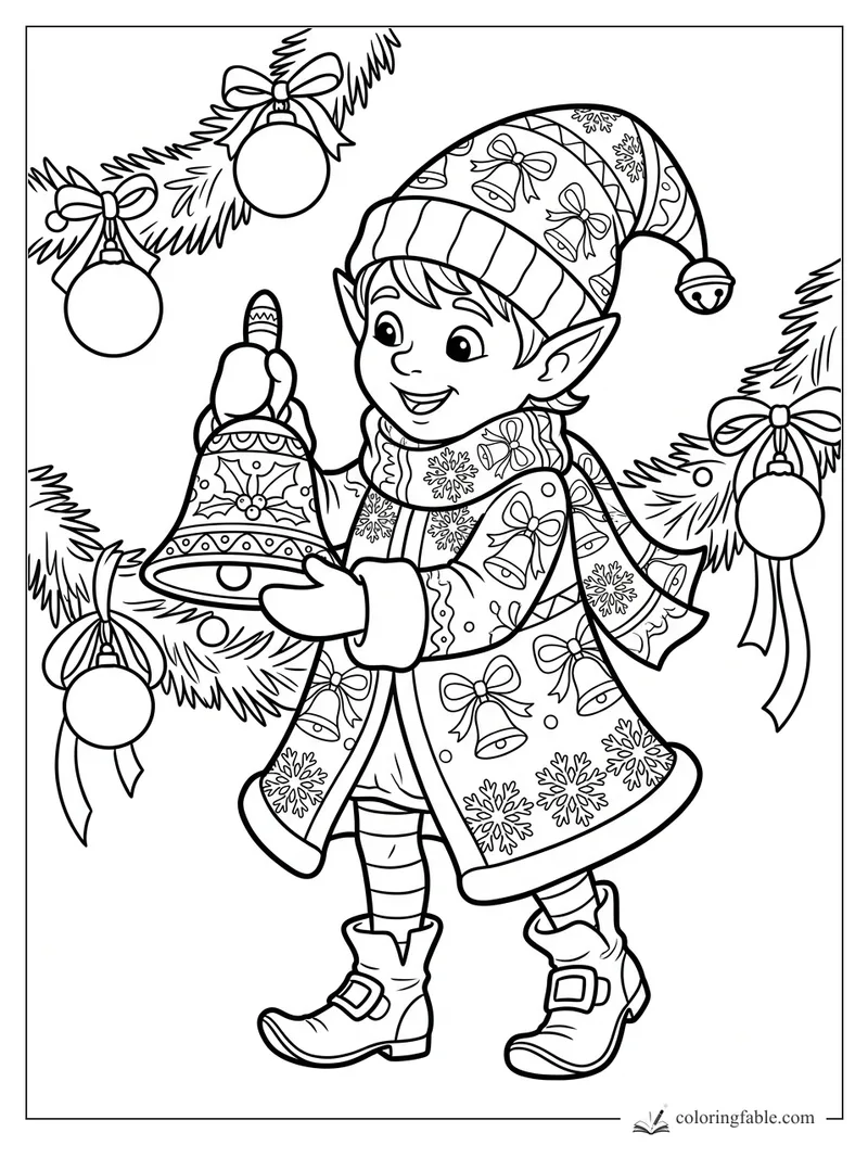 Smiling elf polishing a patterned Christmas bell under ornamented pine branches