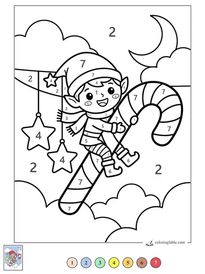 Smiling Elf Riding a Candy Cane Through the Moonlit Clouds — color by number