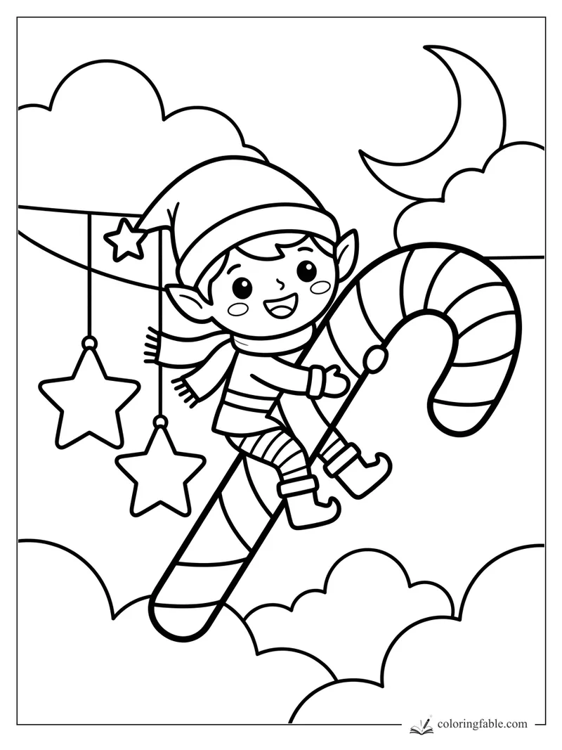 Kawaii elf riding a striped candy cane past hanging stars, clouds, and a crescent moon.