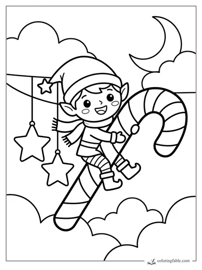 Kawaii elf riding a striped candy cane past hanging stars, clouds, and a crescent moon.