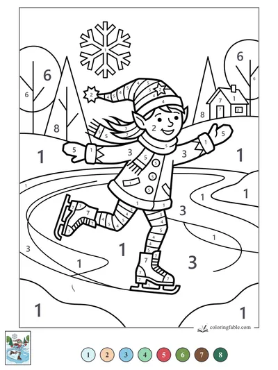 Smiling Elf Skating Past a Snowflake — color by number