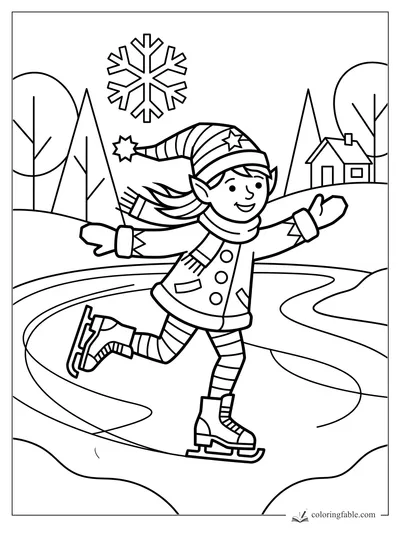 Geometric elf ice skating on a winding frozen pond with trees, a cabin, and a big snowflake