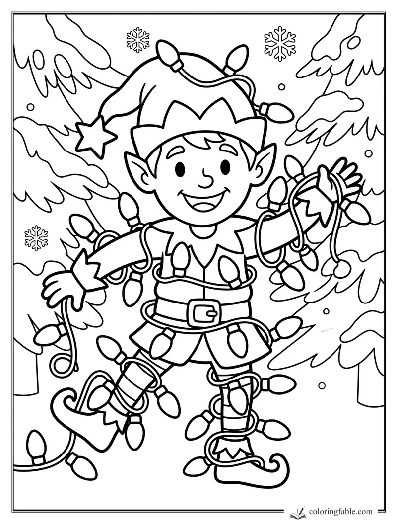 Smiling cartoon elf wrapped in Christmas lights between snowy pine trees and snowflakes