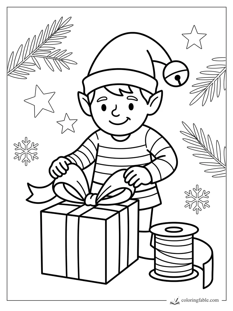Smiling elf in a bell hat tying a ribbon bow on a present with stars, snowflakes, and pine branches.