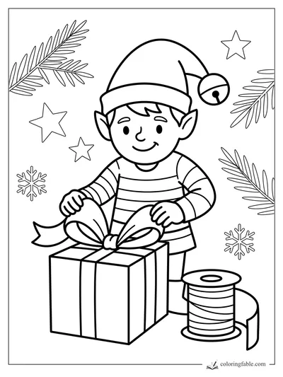 Smiling elf in a bell hat tying a ribbon bow on a present with stars, snowflakes, and pine branches.