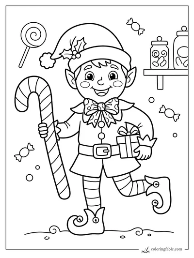 Cartoon elf holding a striped candy cane staff, small gift, candies, lollipop, and candy jars