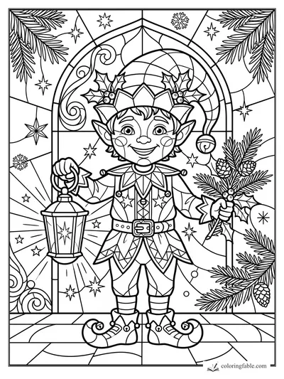 Intricate stained-glass elf holding a star lantern and pine sprig under holly, stars, and snowflakes.