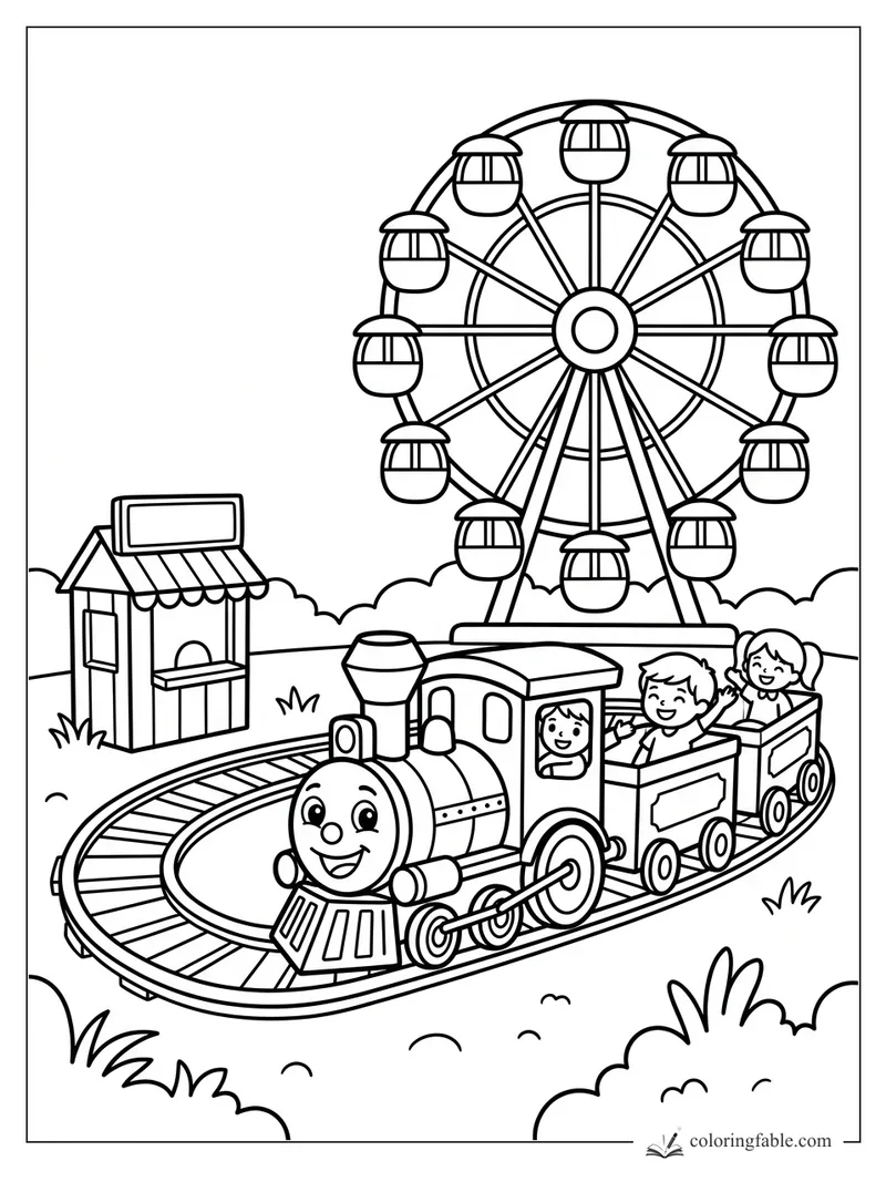 Cartoon fairground train with smiling engine, waving kids, ticket booth, and Ferris wheel