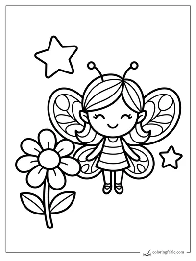 Smiling fairy with patterned wings, antennae, two stars, and a tall daisy coloring page