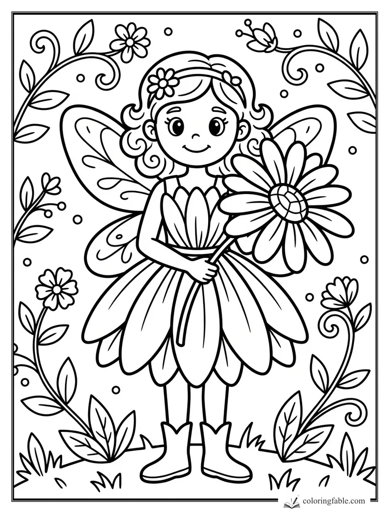 Smiling fairy in a petal dress holding a large daisy, with wings, vines, leaves, and small flowers.