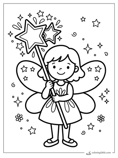 Minimalist fairy coloring page with star wand, starry wings, sparkles, flowers, and swirls