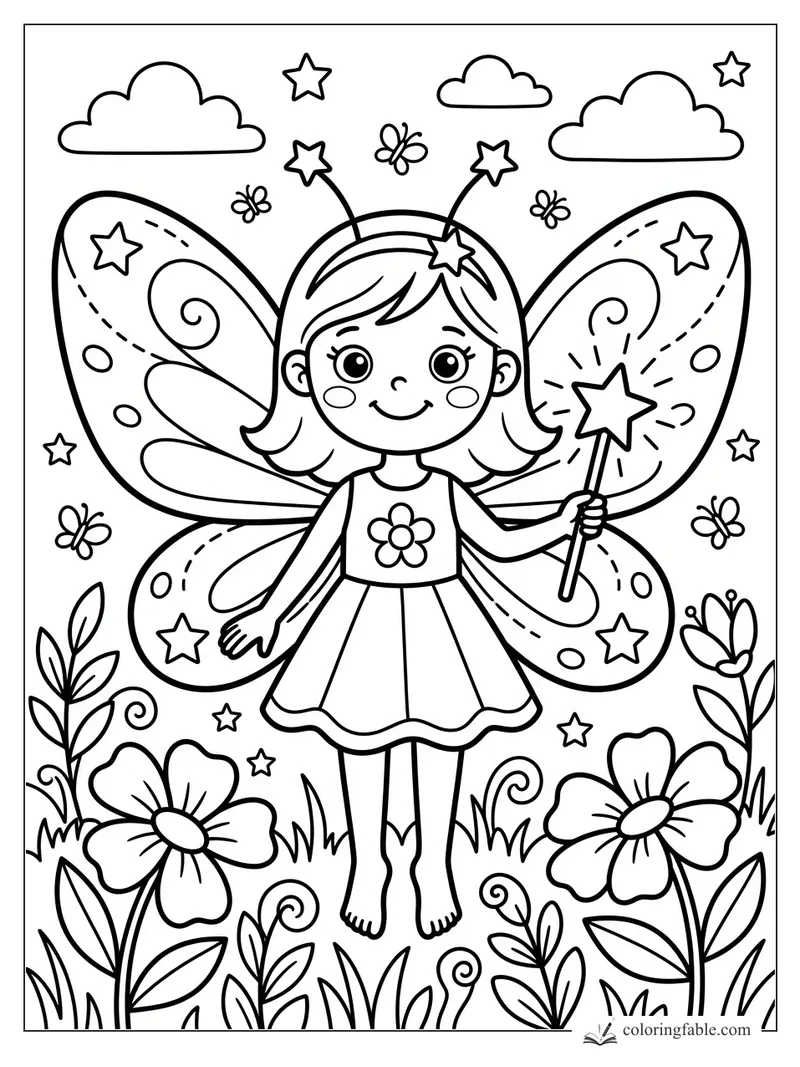 Easy fairy coloring page with butterfly wings, star wand, flowers, clouds, and tiny butterflies.