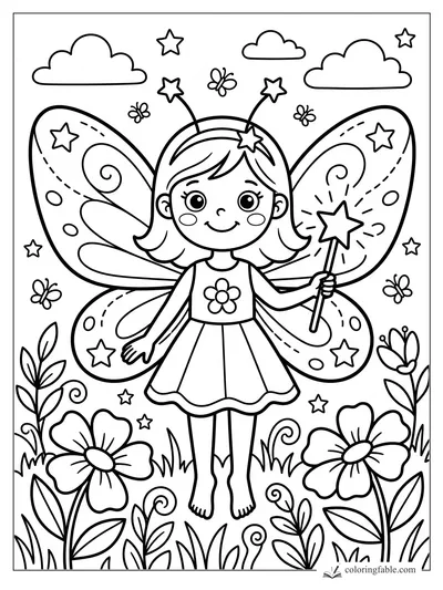 Easy fairy coloring page with butterfly wings, star wand, flowers, clouds, and tiny butterflies.