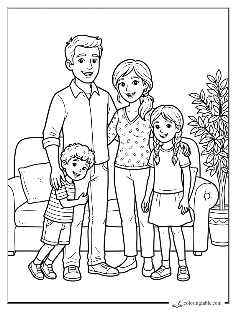 Smiling parents with two children in front of a sofa and leafy potted plant coloring page