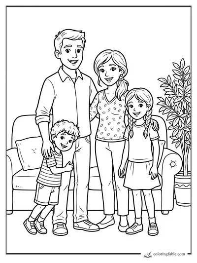 Smiling parents with two children in front of a sofa and leafy potted plant coloring page