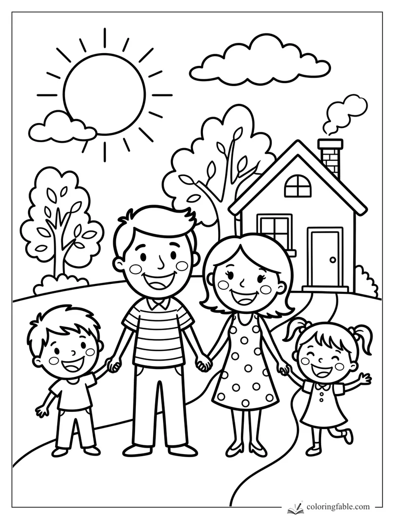 Cartoon family of four holding hands outside a house with trees, sun, clouds, and chimney smoke.